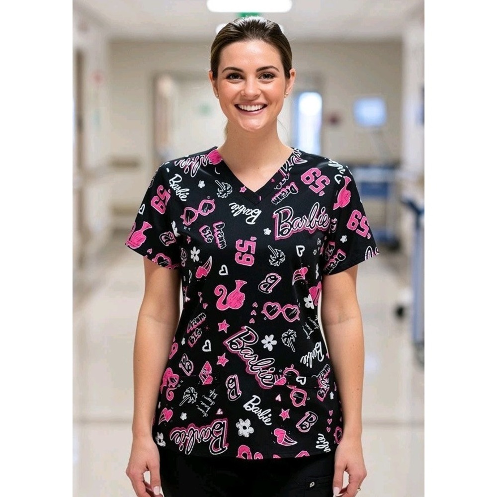 BARBIE - Women's - Black / Pink - Scrub Top - Size M - NWT